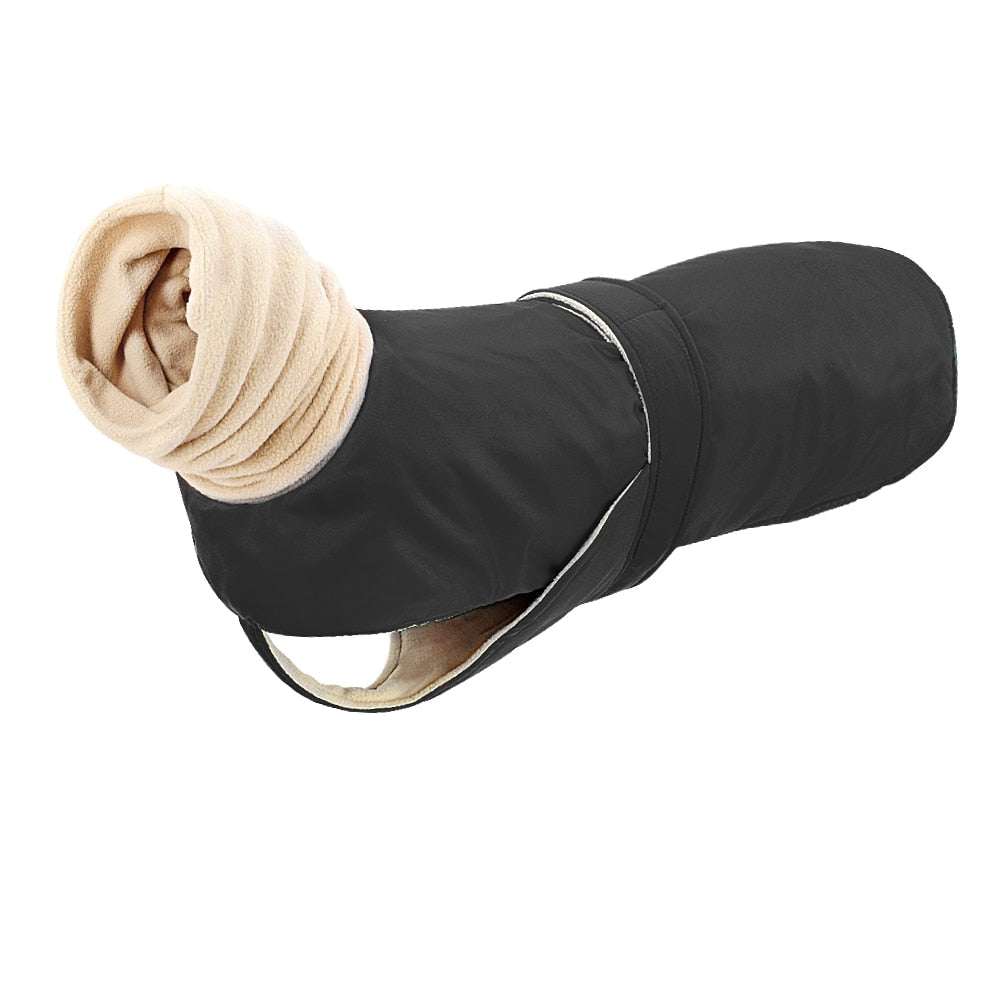 Black and beige fleece Winter Warm Dog Clothes featuring a waterproof thick jacket design with a leash hole for medium to large dogs.