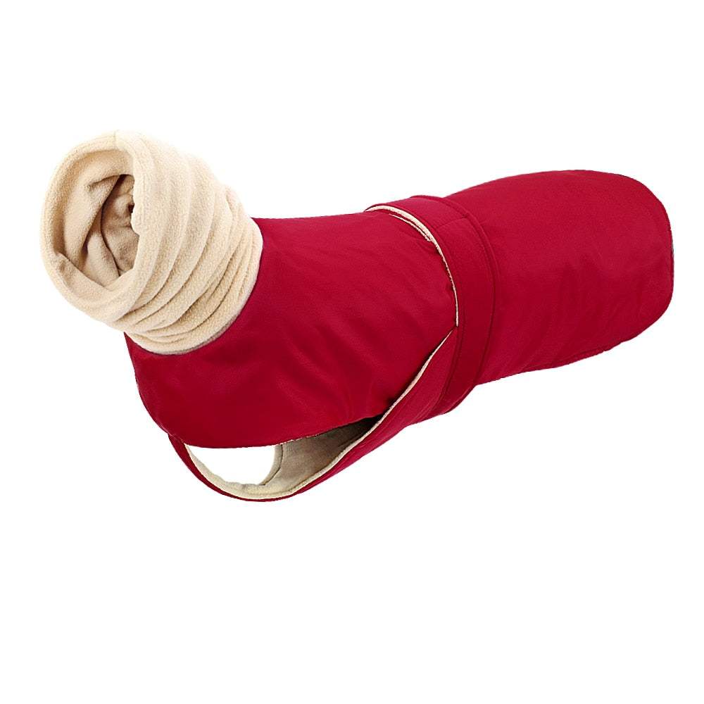 Winter Warm Dog Clothes featuring a red waterproof fleece jacket with beige soft inner lining and collar for medium-large dogs.