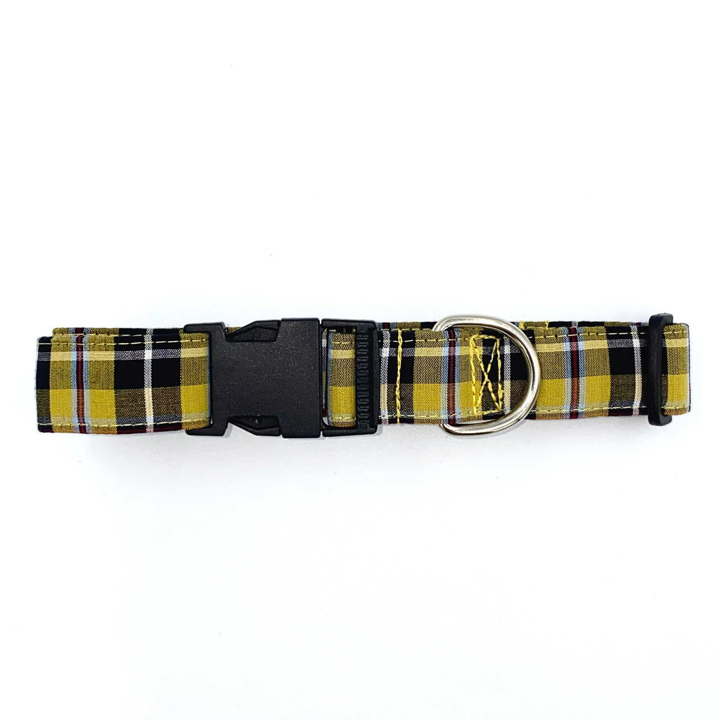 Dog Collar featuring yellow, black, and red Cornish tartan pattern with black plastic buckle and silver metal D-ring