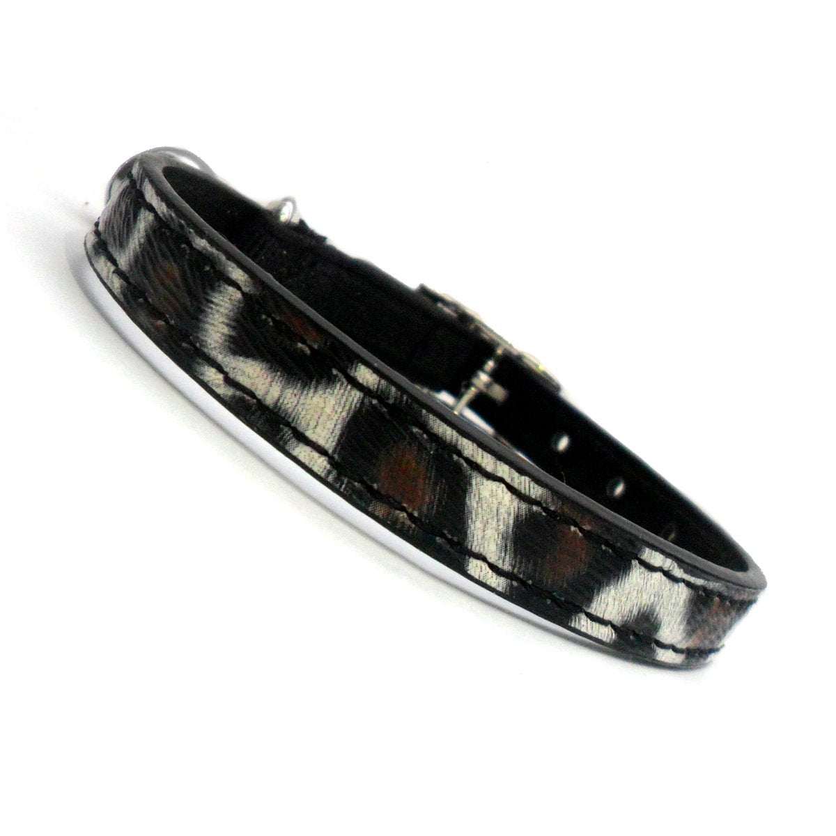 Leopard Print Cat Collar with black safety elastic, adjustable buckle, and animal print pattern on durable material.