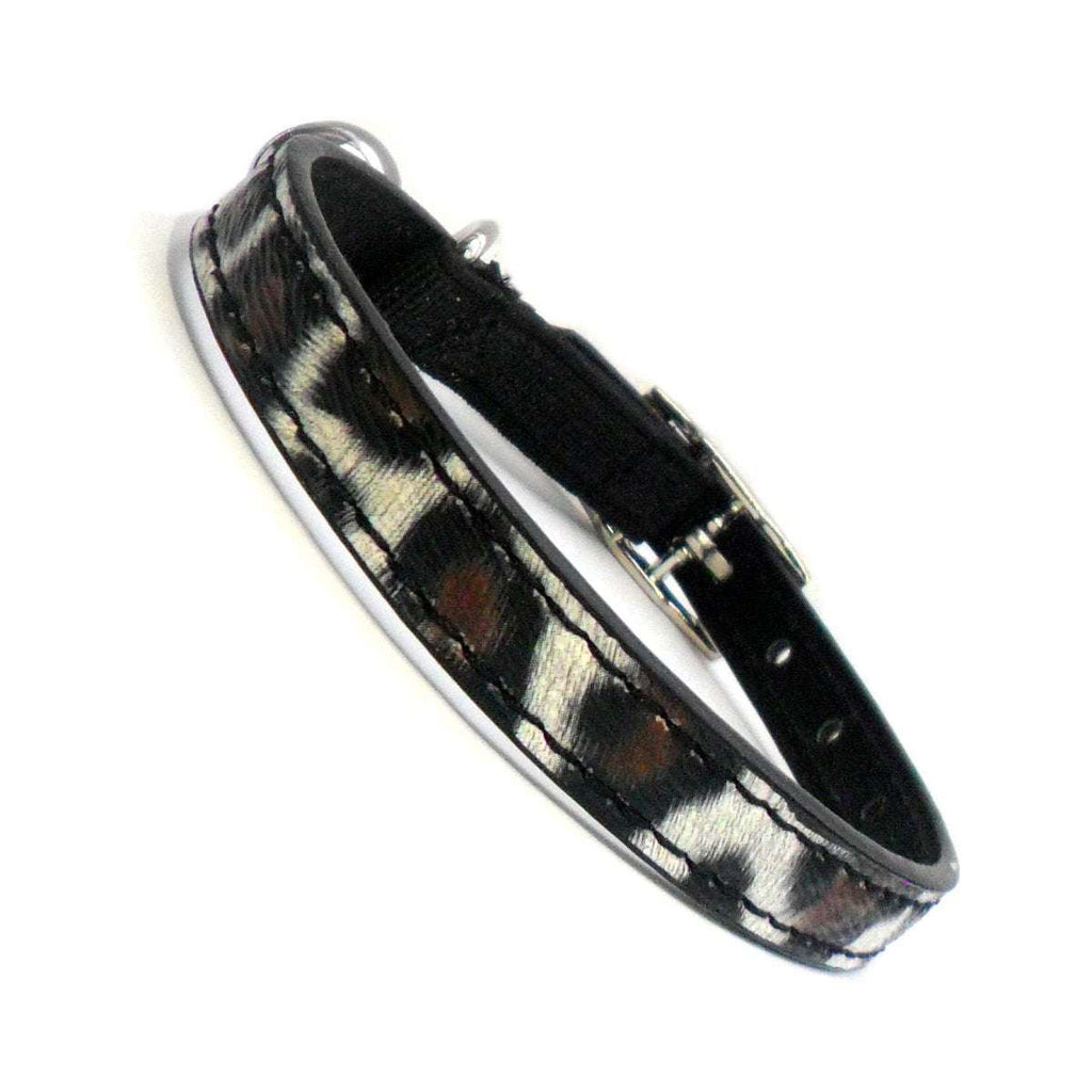 Leopard Print Cat Collar with black safety elastic, adjustable buckle, and D-ring, featuring a stylish animal print pattern.