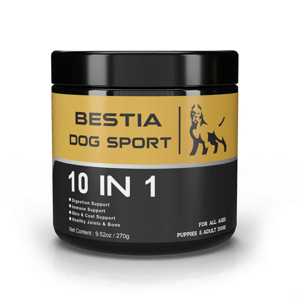 Dog Food Supplement in a black and gold plastic jar labeled BESTIA DOG SPORT 10 IN 1, for digestion, immune, and joint support
