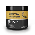 Dog Food Supplement jar in black and gold with white text, labeled Bestia Dog Sport 10 in 1 for digestion and joint support.