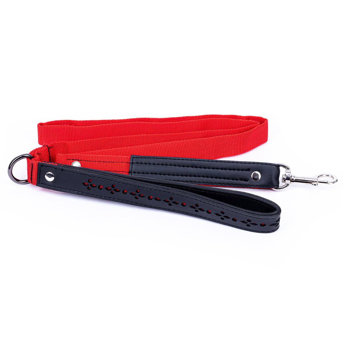 Eco Friendly Recycled Inner Tube dog lead with red nylon webbing and black recycled rubber handle featuring a stitched pattern and metal clasp.