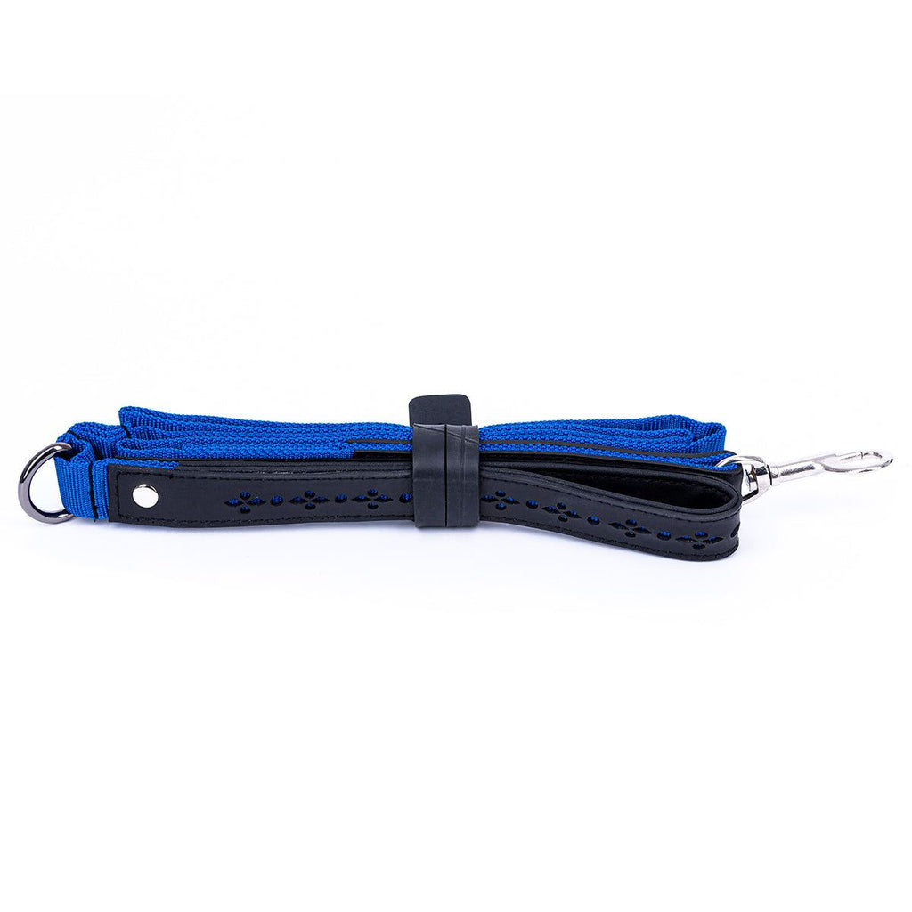Eco Friendly Recycled Inner Tube dog lead in blue nylon with black recycled rubber padded handle and stainless steel clasp.