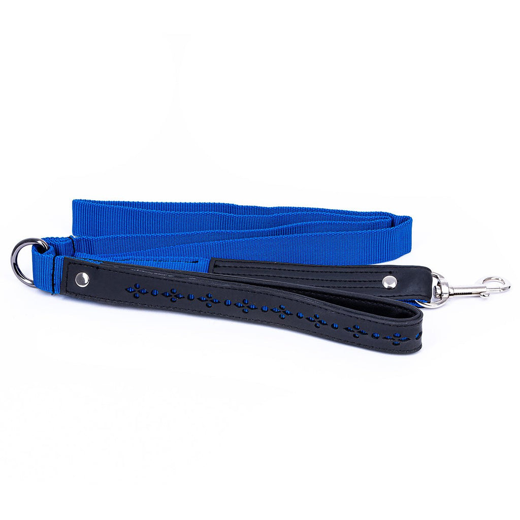 Eco Friendly Recycled Inner Tube dog lead in blue nylon with black padded handle and silver metal clasp and D-ring