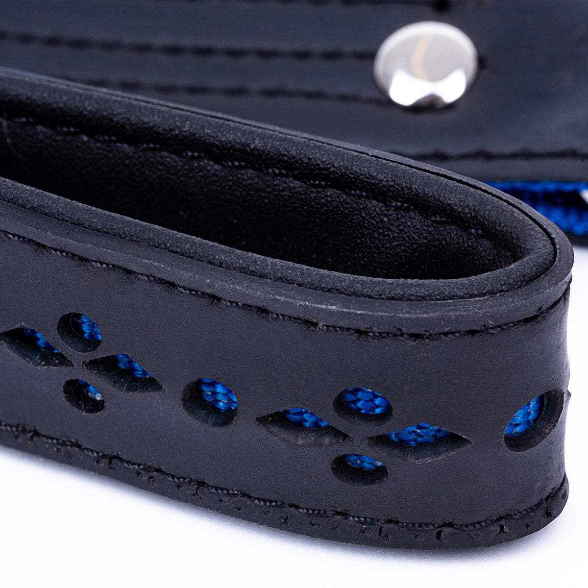 Eco Friendly Recycled Inner Tube vegan dog lead in black with blue nylon webbing, padded handle, and stitched detailing