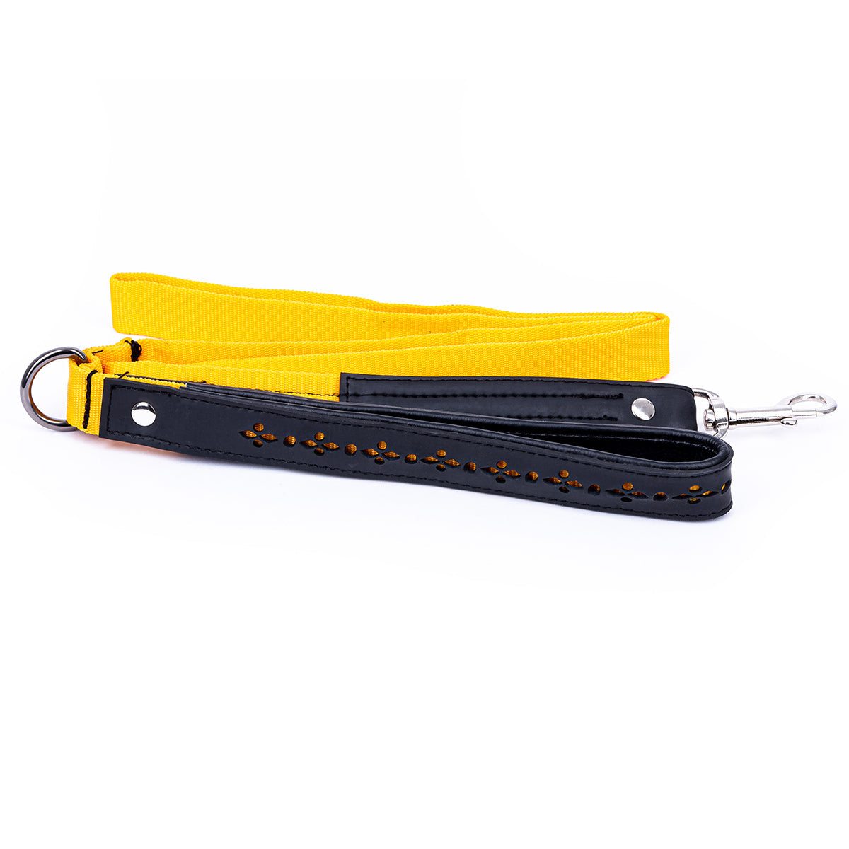Eco Friendly Recycled Inner Tube dog lead with yellow nylon webbing and black padded handle featuring perforated detail and metal clasp.