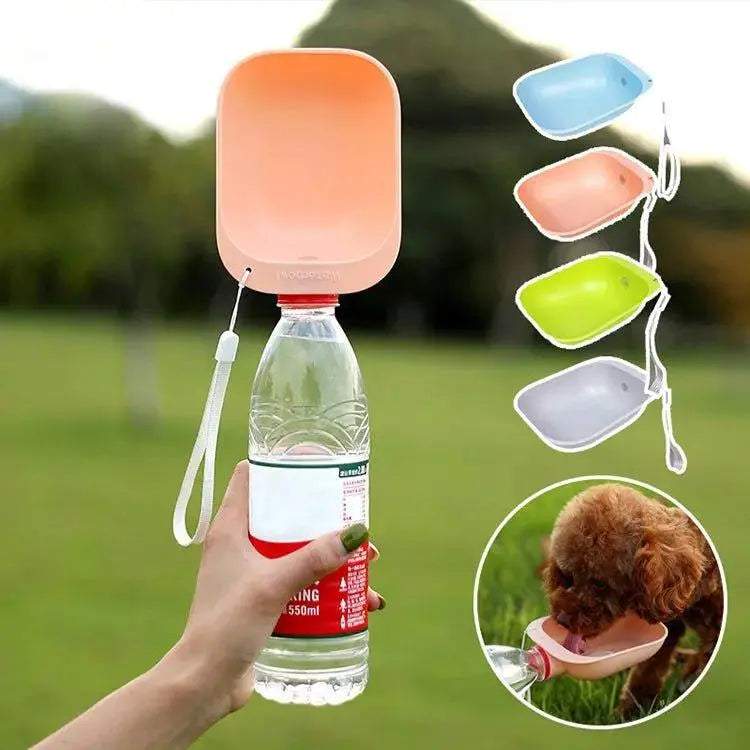 Portable Travel Dog Hydration Bowl in peach, blue, pink, green, and gray silicone attached to water bottles for easy dog hydration.