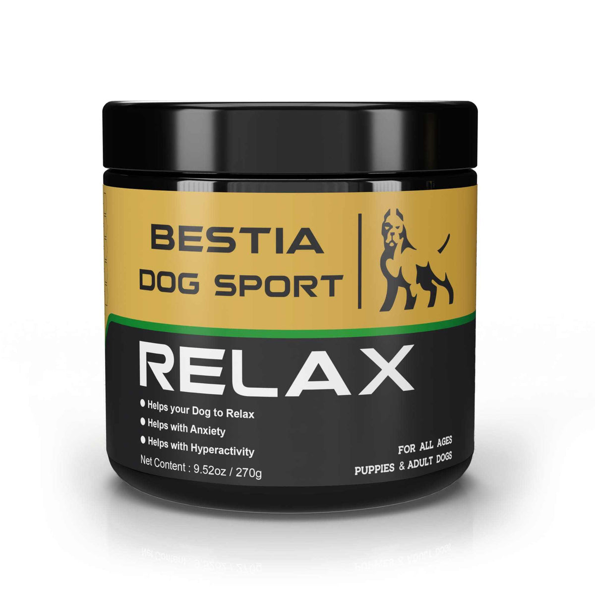 Dog Food Supplement in black and gold jar labeled Bestia Dog Sport Relax, promotes relaxation, anxiety relief, and controls hyperactivity.