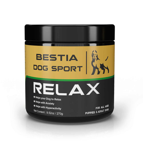 Dog Food Supplement in black and gold jar labeled Bestia Dog Sport Relax, promotes relaxation, anxiety relief, and controls hyperactivity.