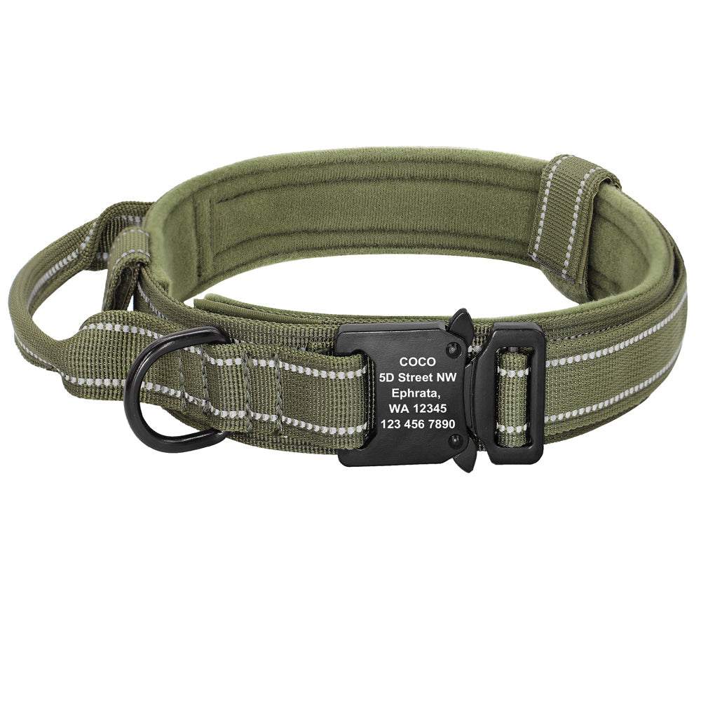 Reflective Nylon Dog Collar in olive green with black buckle, white stitching, padded cotton lining, and metal D-ring for leash attachment.