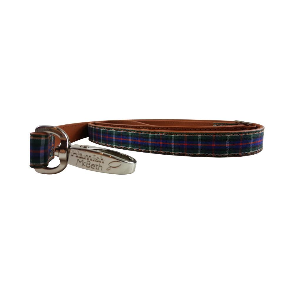 Dog lead with soft brown leather and blue plaid fabric overlay featuring Highland Blue Tartan pattern and metal clasp