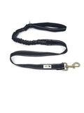 Black nylon Bungee Dog Lead with reflective stitching, metal clip, neoprene handle, and heavy-duty D-ring for attachments.