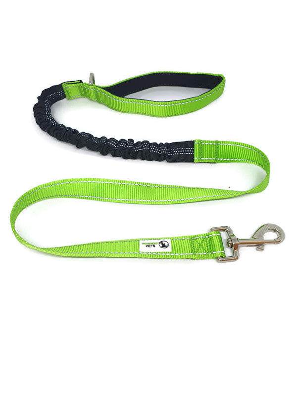 Bungee Dog Lead in bright green nylon with reflective stitching, neoprene padded handle, heavy-duty metal clip, and elastic shock-absorbing section.