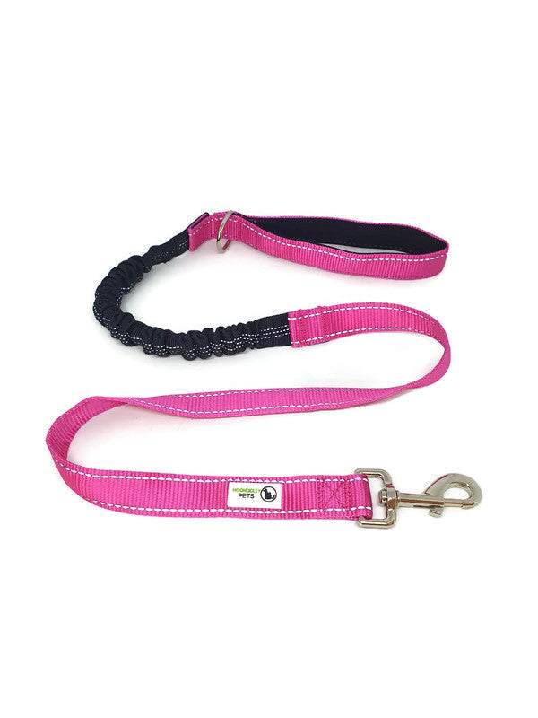 Bungee Dog Lead in pink nylon with reflective stitching, metal clip, neoprene padded handle, and heavy duty D-ring.