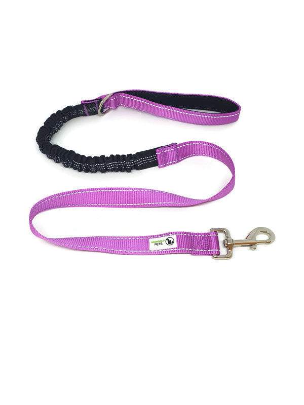 NNEDSZ Bungee Dog Lead in purple nylon with reflective stitching, black bungee section, metal clip, and neoprene handle for comfort.