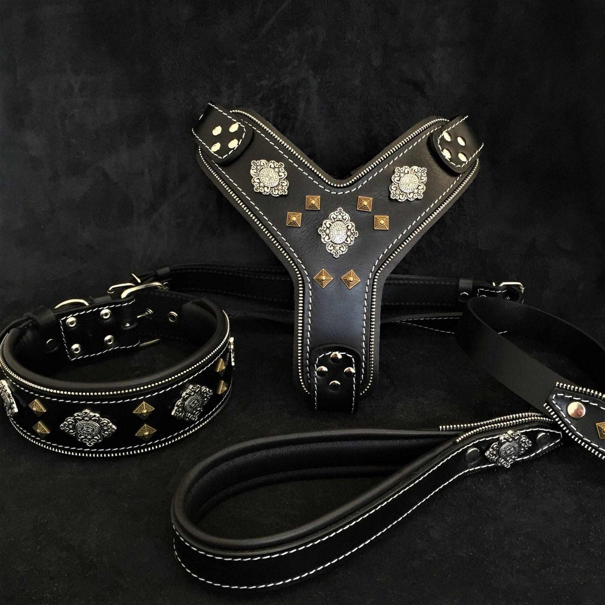 Aztec Harness set featuring black 4mm thick Italian leather, soft padded chest plate, silver and antique brass rivets, and nickel-plated hardware.