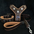 Aztec Harness Collar & Leash SET in brown Italian leather with soft padding, silver and brass rivets, and heavy-duty hardware.