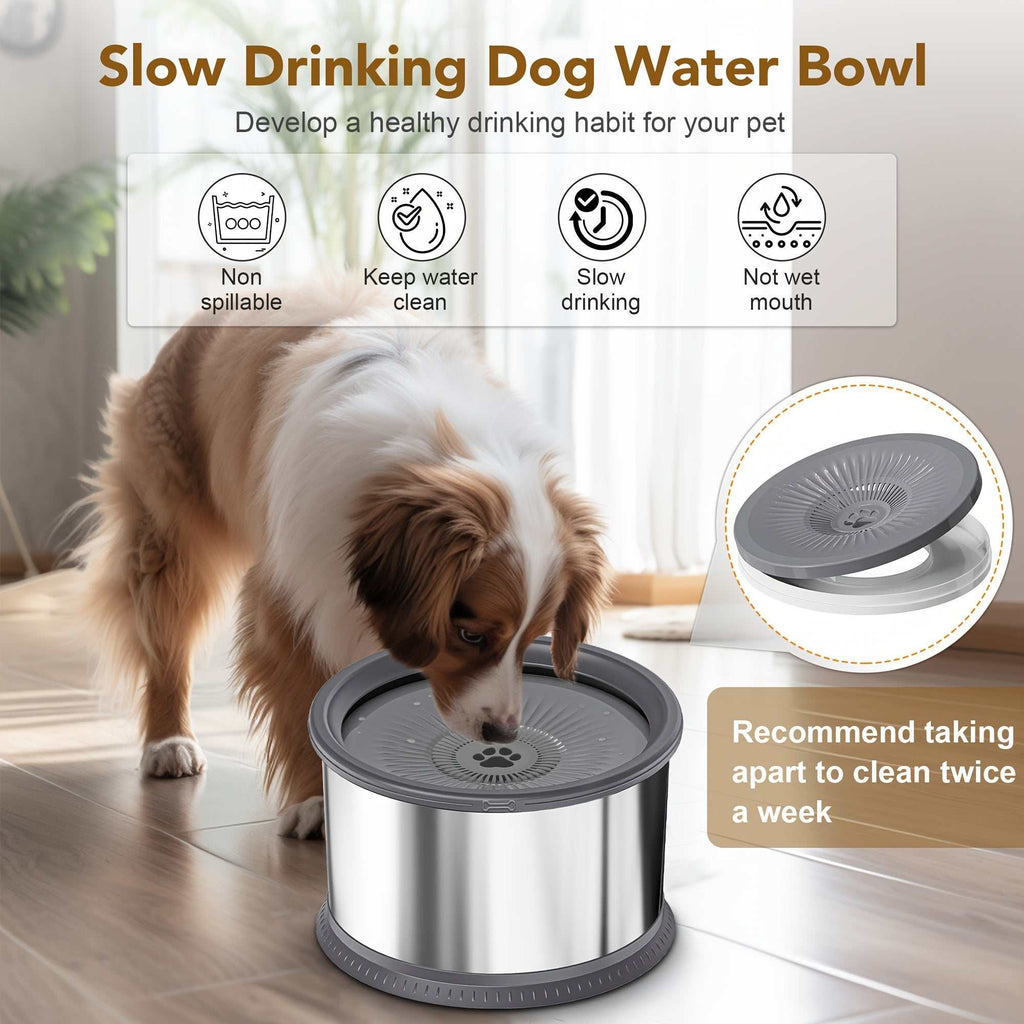 Extra Large Spill-Proof Dog Water Bowl with gray slow-feeder top, stainless steel body, and anti-slip base for mess-free hydration.