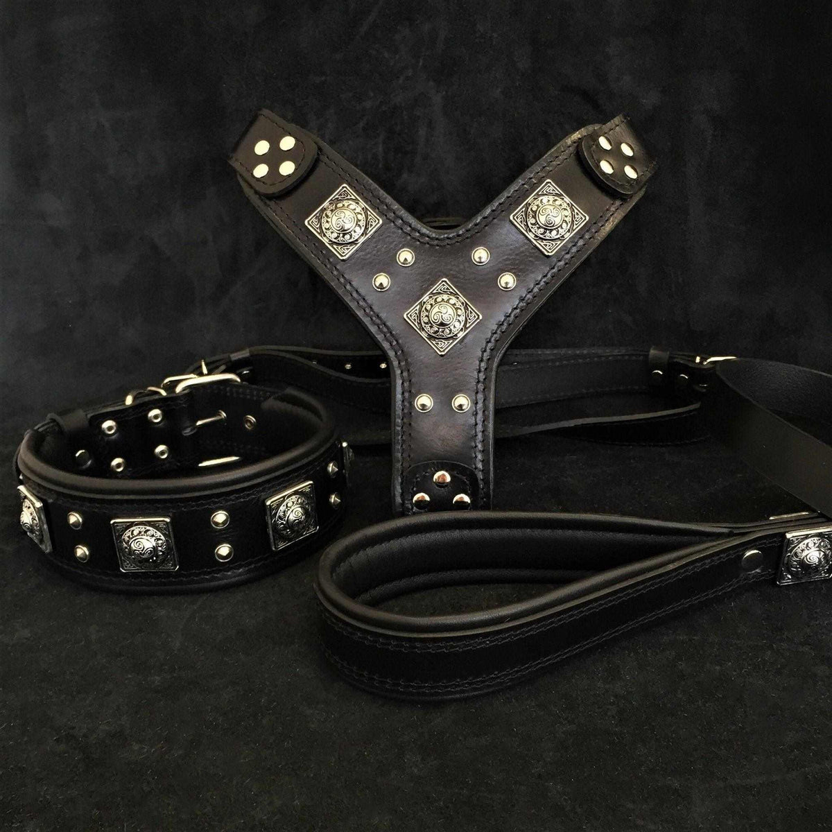 Eros Harness Collar Leash SET in black leather with silver metal studs and decorative square rivets, padded collar and harness.