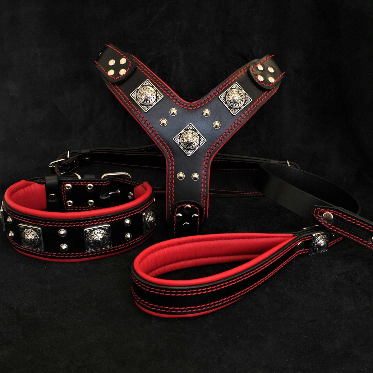 Eros Harness Collar Leash SET featuring black and red genuine leather with silver rivet accents and padded comfort.