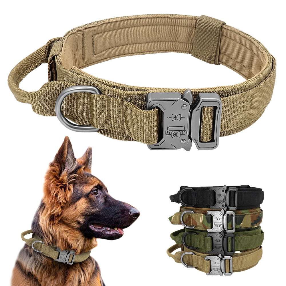 Tactical Dog Collar in khaki nylon with metal buckle and D-ring, padded and adjustable for durable quick control