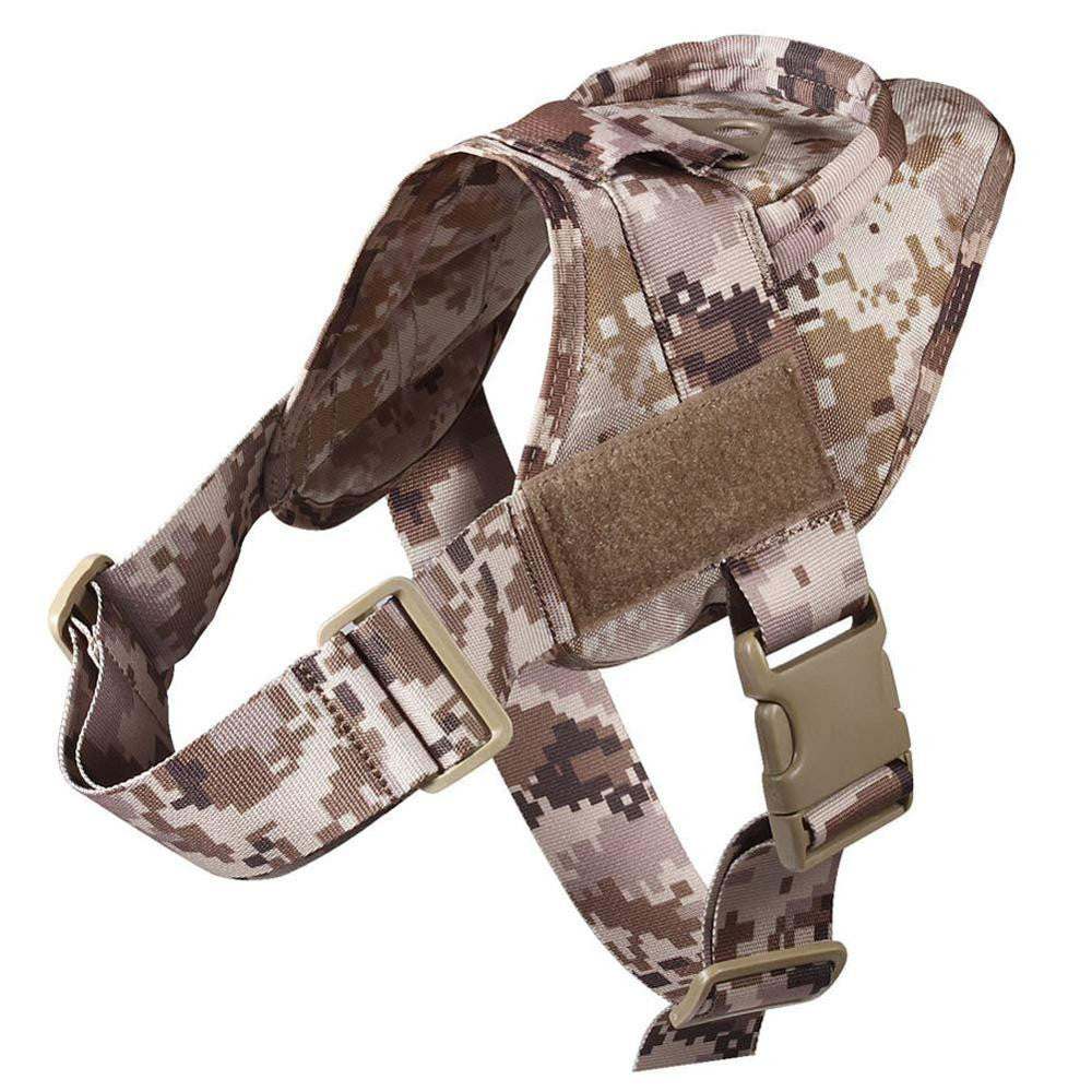 Tactical dog clothes combat vest in tan and brown digital camouflage pattern made from durable nylon with adjustable straps and buckle closures