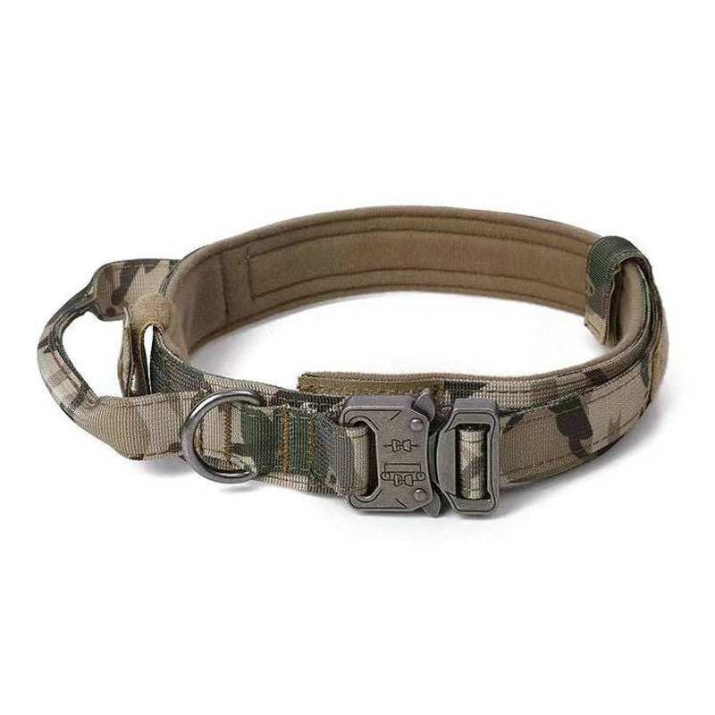 Tactical Dog Collar Set featuring a durable nylon material in camouflage print with quick release buckle and metal D-ring.