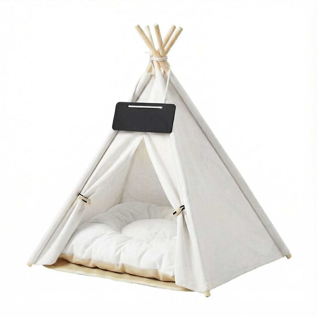 Pawz Pet Tent small white polyester fabric pet teepee with pine wood poles and removable cushioned bed inside