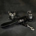 Maximus Black&Silver small dog set including black leather harness, collar, and leash with silver hardware and decorative accents.