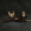 Maximus Brown Set featuring a small brown leather dog harness, collar, and leash with brass rivets and fittings.