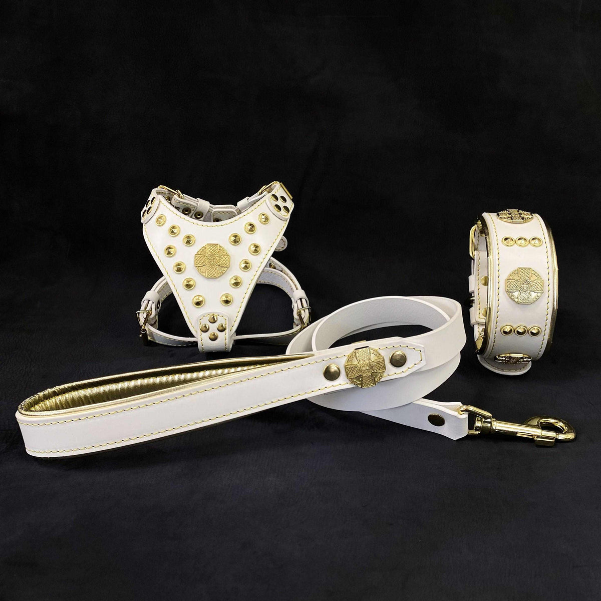 Small white leather dog harness, collar, and leash set with gold brass studs and fittings, featuring padded accents in the Maximus White Set.