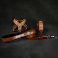 Maximus Brown&Silver small dog set featuring brown leather harness, collar, and leash with silver rivets and decorative conchos