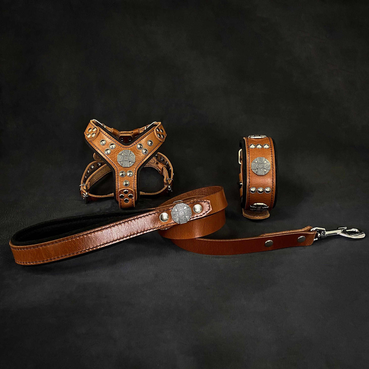 Maximus Brown&Silver small dog set featuring brown leather harness, collar, and leash with silver rivets and decorative conchos