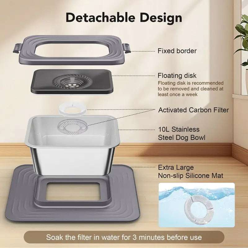 Dog Stainless Steel Water Bowl in silver with a removable activated carbon filter, floating disk, fixed border, and extra large grey silicone mat.