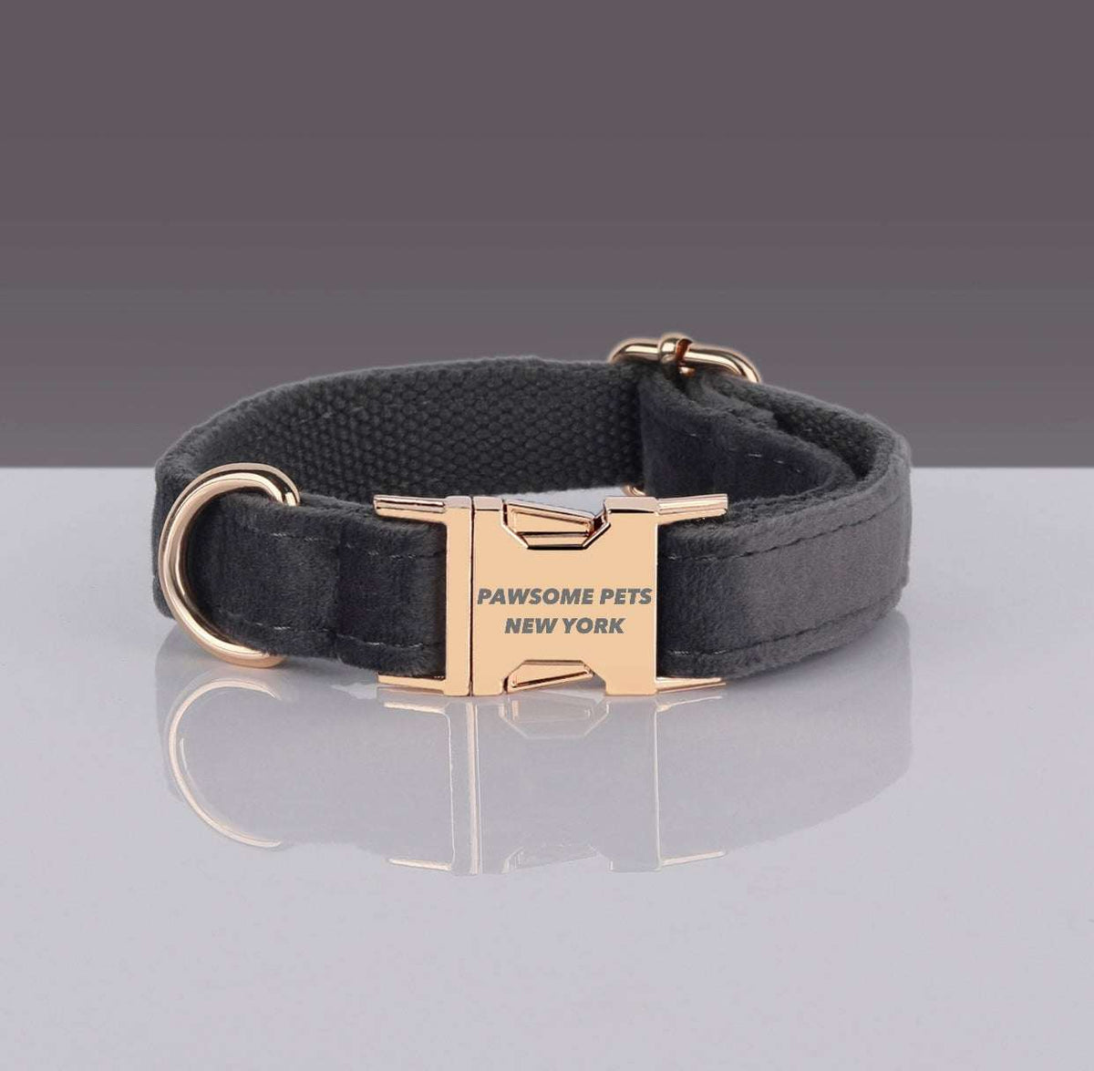 PAWSOME DOG COLLAR in black nylon with rose gold quick-use buckle and adjustable strap for secure fit and durability.
